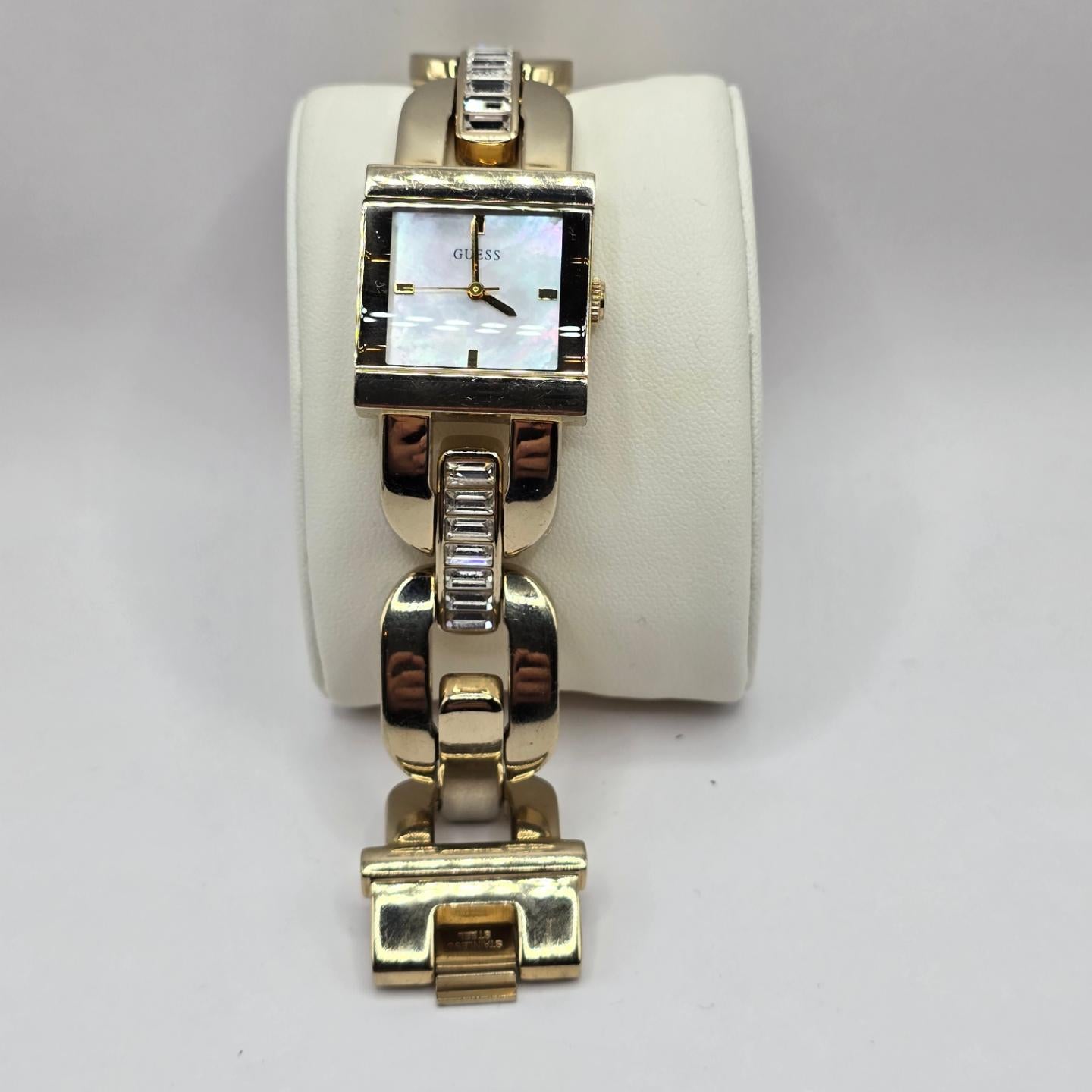 GUESS Ladies Gold Tone Stainless Steel Semi Bangle Quartz Watch VGC & Working