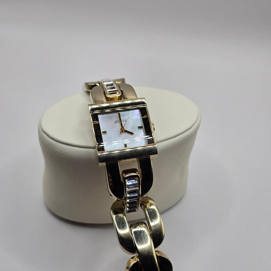 GUESS Ladies Gold Tone Stainless Steel Semi Bangle Quartz Watch VGC & Working